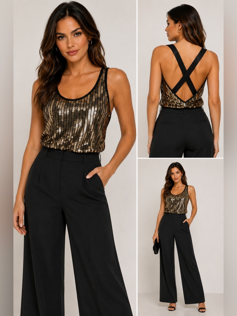 San Joy Gold Sequin Open Back Bodysuit Black Size L Party Top